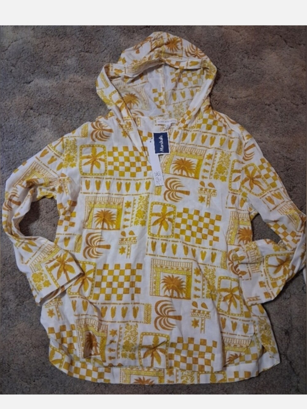 Jane & Delancey Tropical Vacation Yellow Brown Patterned Linen Hooded Tunic NWT